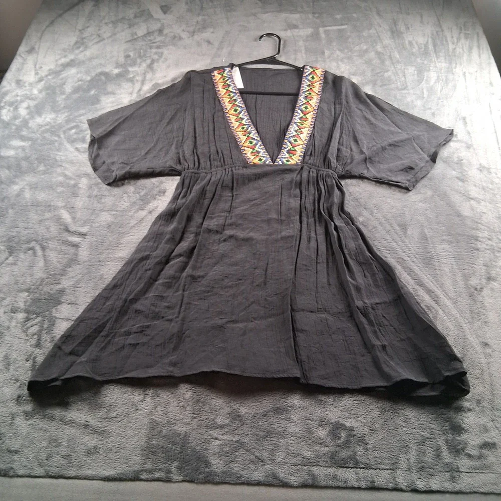 NWT Cupshe Swim Cover Up Dress Womens Small Black Embroidered V-Neck Boho Beach